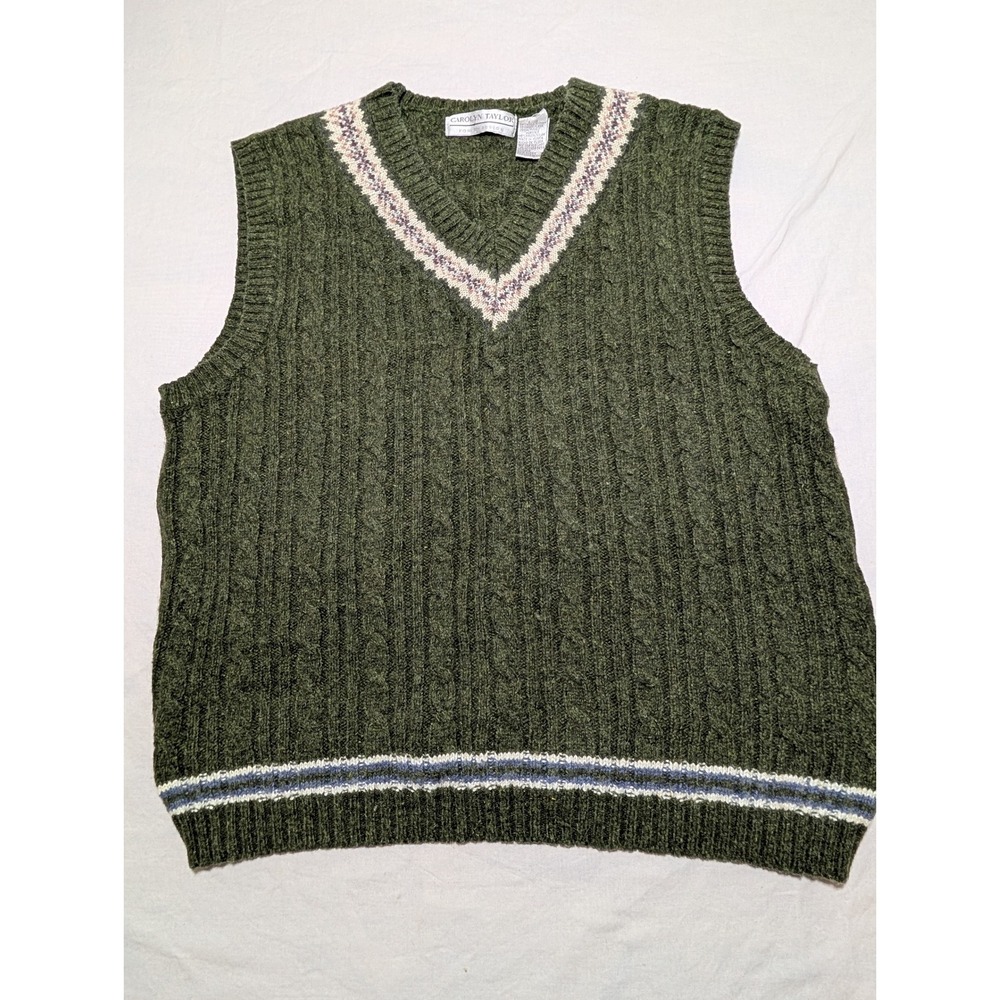 Carolyn Taylor Womens Green Cable Knit V-Neck Sweater Vest Ramie Wool Blend L
